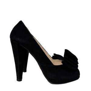 Prada Black Suede Peep Toe Pumps with Ruffle 35.5
